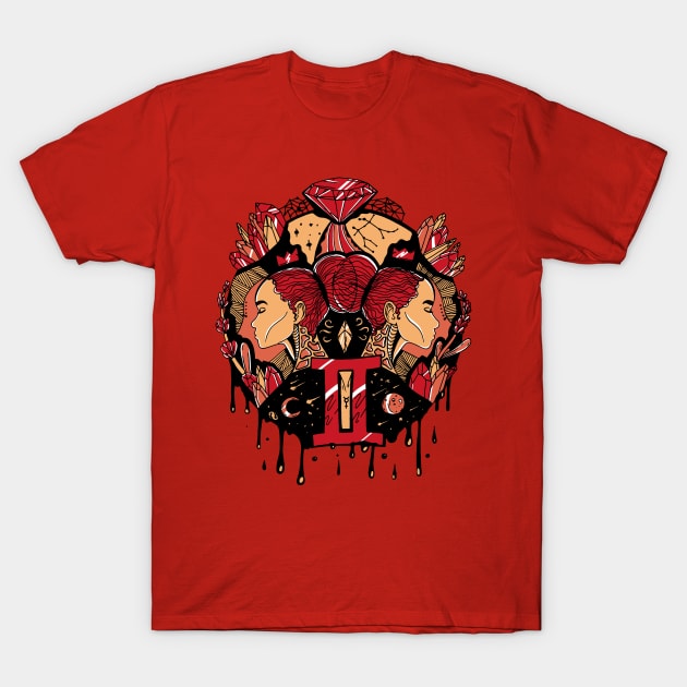 Red and Cream Mystic Gemini T-Shirt by kenallouis